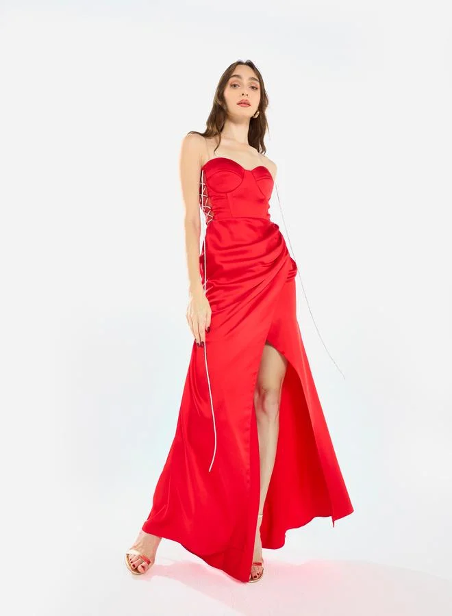 House of Moda Women Side Lace Detail Bodice Slit Gown Maxi Dress